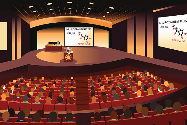 A vector illustration of a presentation in a conference in an auditorium A vector illustration of a presentation in a conference in an auditorium